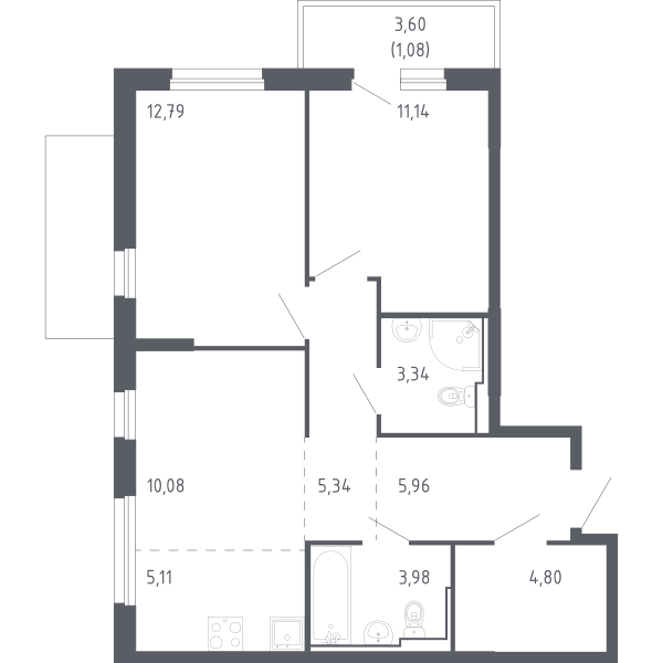 Планировка: Евротрешка 63.6 м² в ЖК Чаркова 72, Мыс