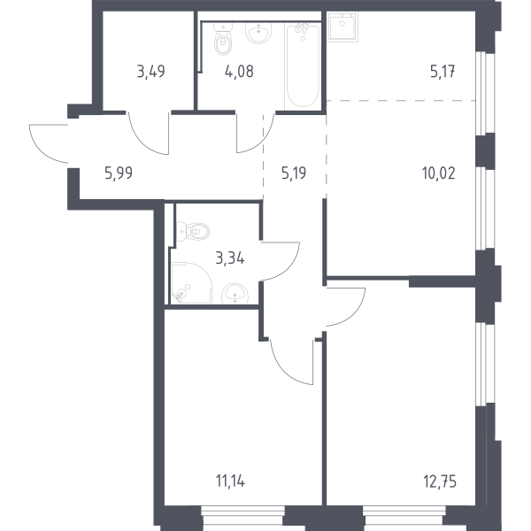 Планировка: Евротрешка 60.3 м² в ЖК Чаркова 72, Мыс