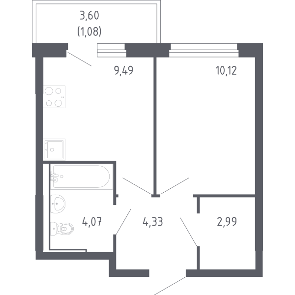Планировка: 1-комнатная 32.1 м² в ЖК Чаркова 72, Мыс