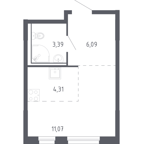 Планировка: Студия 24.5 м² в ЖК Чаркова 72, Мыс