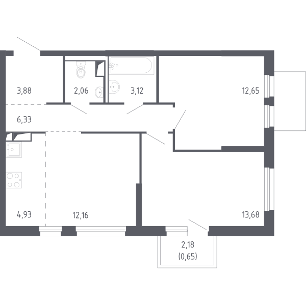 Планировка: Евротрешка 58.4 м² в ЖК Чаркова 72, Мыс