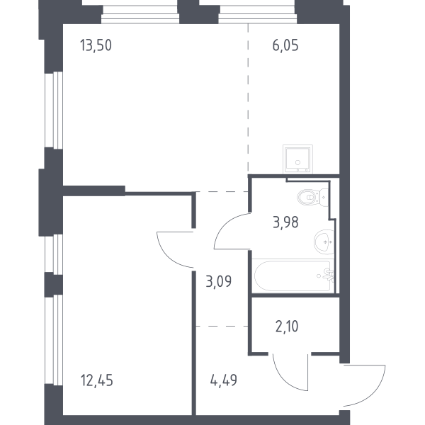 Планировка: Евродвушка 44.9 м² в ЖК Чаркова 72, Мыс