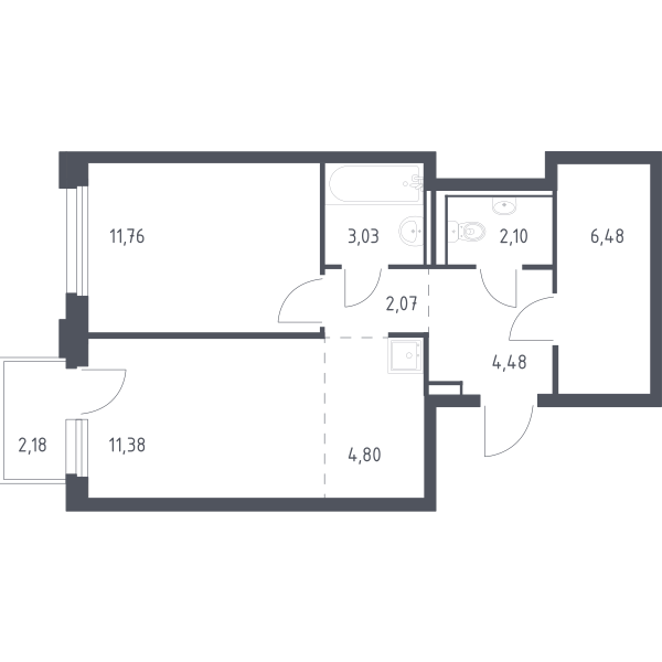 Планировка: Евродвушка 45.4 м² в ЖК Чаркова 72, Мыс