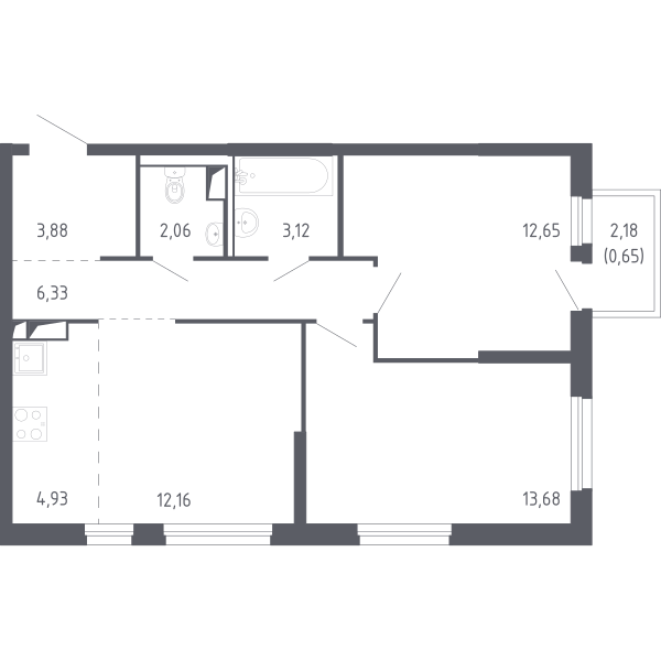 Планировка: Евротрешка 58.1 м² в ЖК Чаркова 72, Мыс