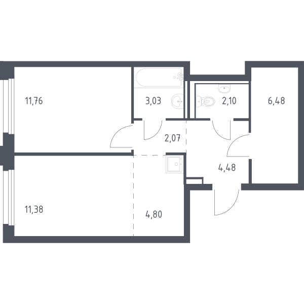 Планировка: Евродвушка 45.2 м² в ЖК Чаркова 72, Мыс