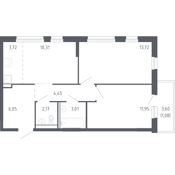 Планировка: Евротрешка 56.5 м² в ЖК Чаркова 72, Мыс