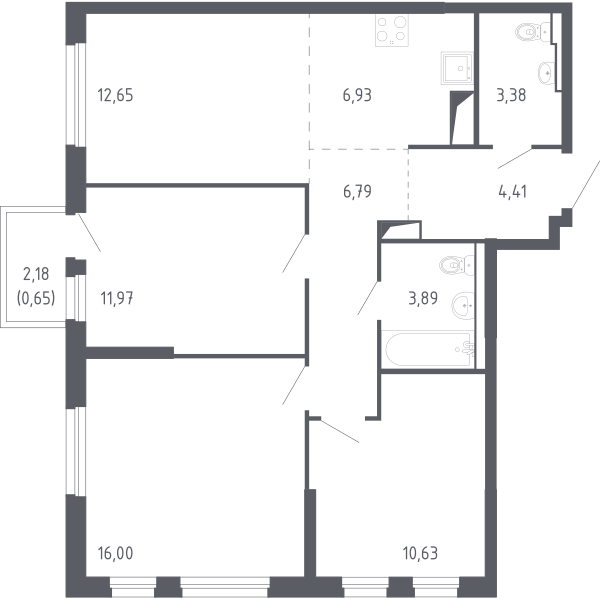 Планировка: 4-комнатная евро 77.5 м² в ЖК Чаркова 72, Мыс