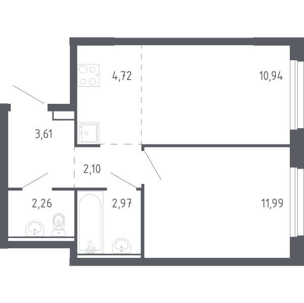 Планировка: Евродвушка 38.6 м² в ЖК Чаркова 72, Мыс