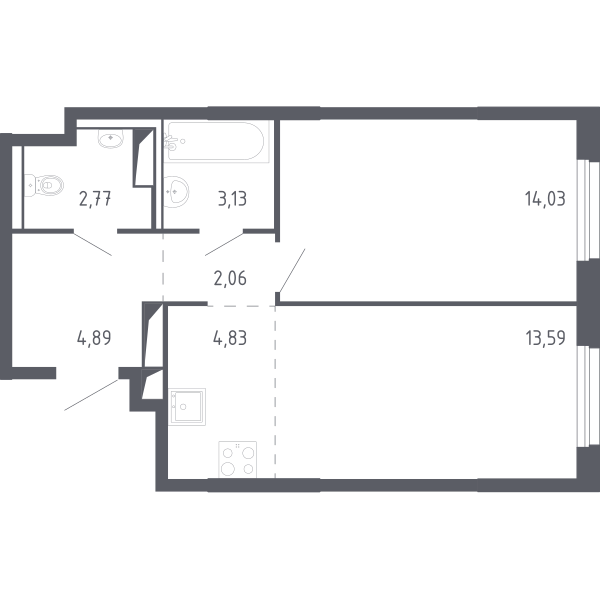 Планировка: Евродвушка 44.6 м² в ЖК Чаркова 72, Мыс